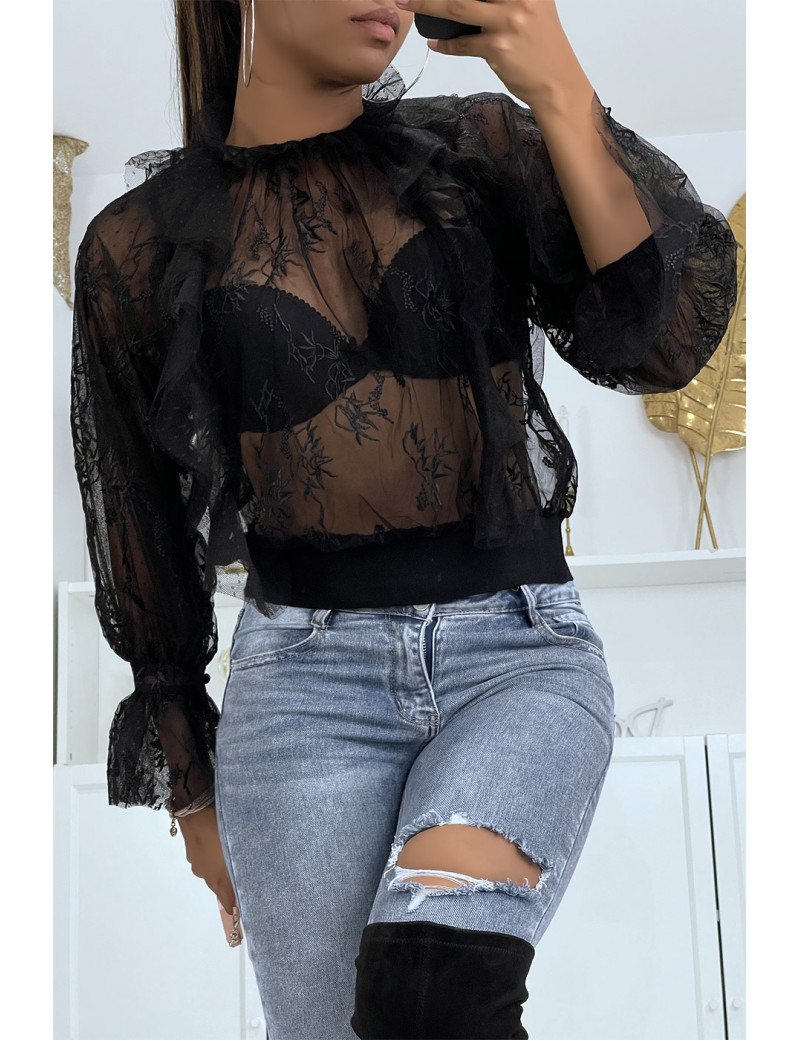 Blouse noire en tulle et dentelle à volant col fraise - 2