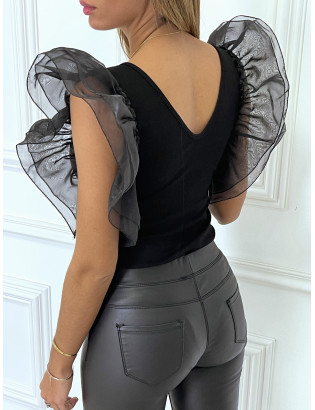 Body noir à volants en tulle col plongeant - 4