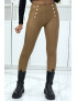 Pantalon slim camel en simili avec boutons doré - 2