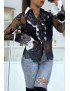 Chemise en dentelle noire avec col et volant blanc - 2