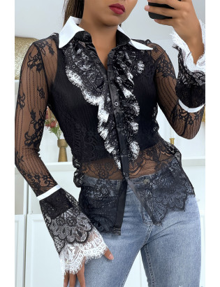 Chemise en dentelle noire avec col et volant blanc - 4