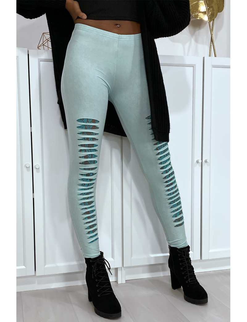 Legging vert d'eau effilé à l'avant et doublé en dentelle - 4