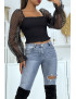 Crop top noir plissé à élastique et manches en tulle bouffantes plumetis - 1