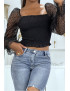 Crop top noir plissé à élastique et manches en tulle bouffantes plumetis - 2
