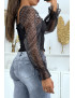 Crop top noir plissé à élastique et manches en tulle bouffantes plumetis - 3