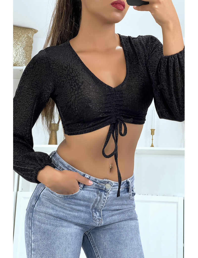 Crop top noir manches longues à motif leopard pailleté - 2