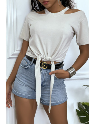 T-shirt beige épaules dénudé avec noeud à l'avant - 2
