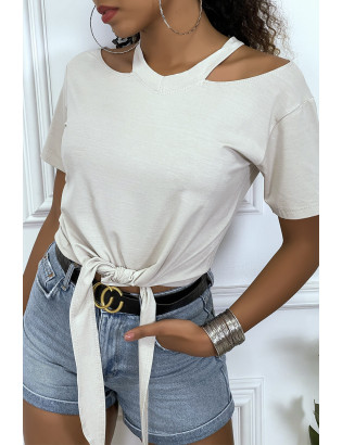 T-shirt beige épaules dénudé avec noeud à l'avant - 3