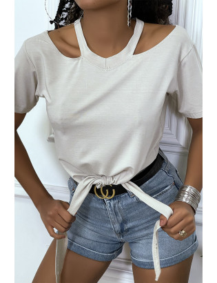 T-shirt beige épaules dénudé avec noeud à l'avant - 4