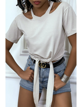 T-shirt beige épaules dénudé avec noeud à l'avant - 5
