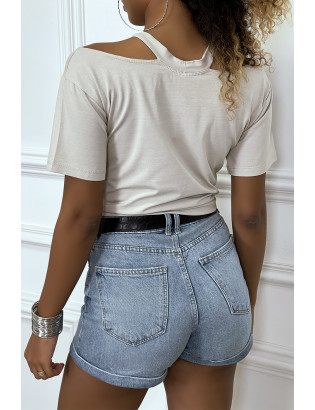 T-shirt beige épaules dénudé avec noeud à l'avant - 6