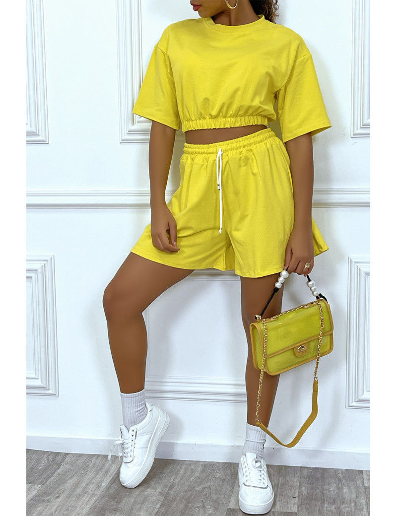 Ensemble jaune short et sweat crop style tenue de tennis - 1