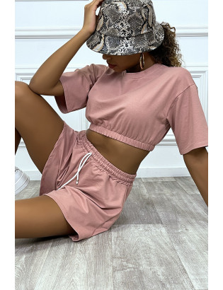 Ensemble rose pale short et sweat crop style tenue de tennis - 4