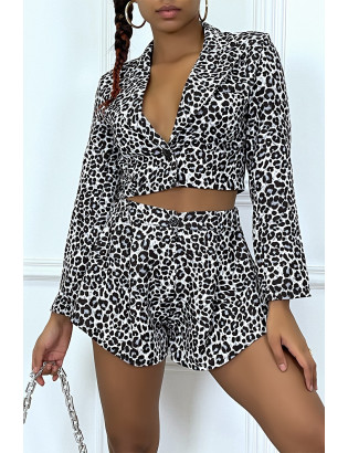 Ensemble veste courte et short gris plissé à motif léopard - 1