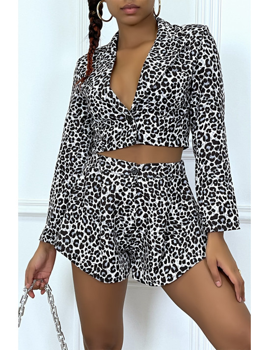 Ensemble veste courte et short gris plissé à motif léopard - 1