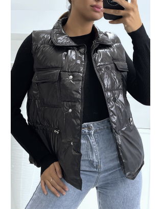 Doudoune noir simili cuir à poches sur l'avant et modulable à la taille sans manches hyper tendance - 2