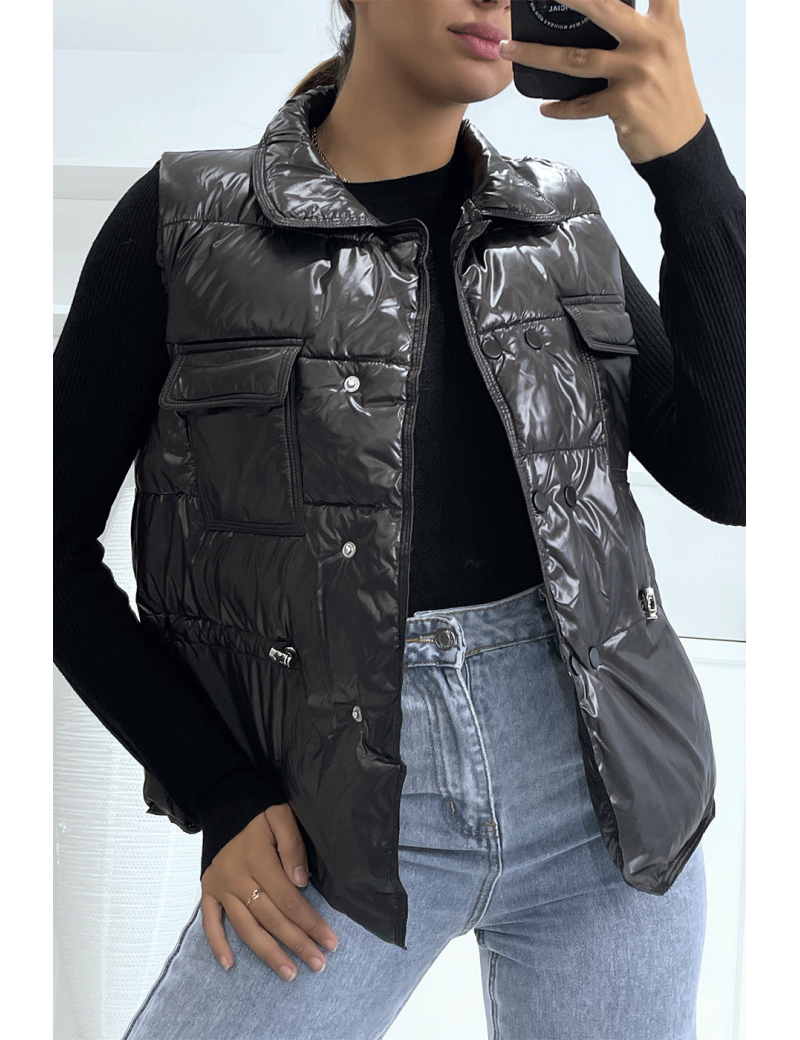 Doudoune noir simili cuir à poches sur l'avant et modulable à la taille sans manches hyper tendance - 2