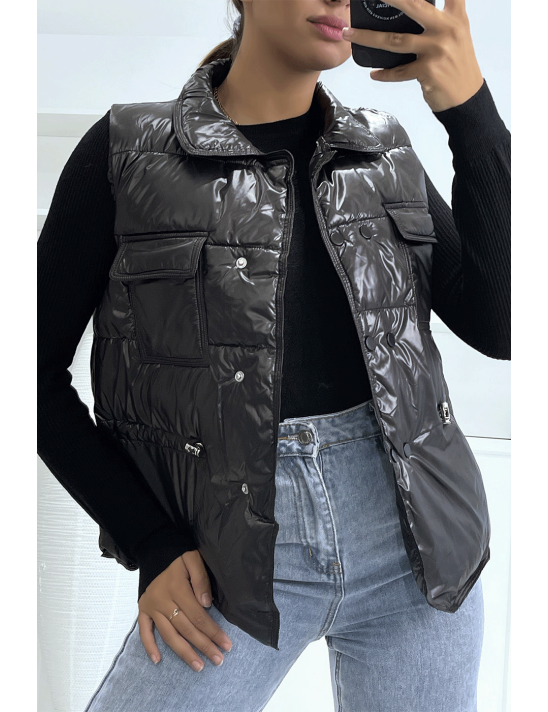 Doudoune noir simili cuir à poches sur l'avant et modulable à la taille sans manches hyper tendance - 2