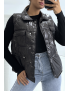 Doudoune noir simili cuir à poches sur l'avant et modulable à la taille sans manches hyper tendance - 2