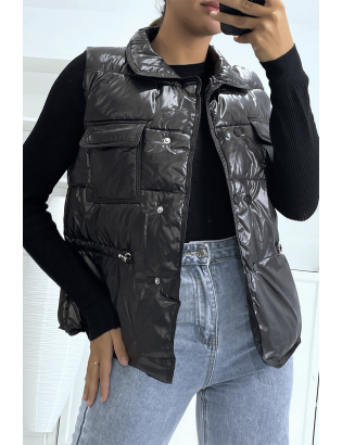 Doudoune noir simili cuir à poches sur l'avant et modulable à la taille sans manches hyper tendance - 3