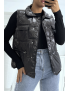 Doudoune noir simili cuir à poches sur l'avant et modulable à la taille sans manches hyper tendance - 3