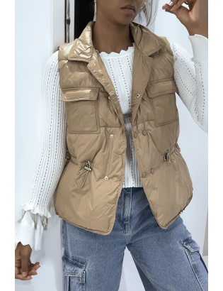 Doudoune taupe simili cuir à poches sur l'avant et modulable à la taille sans manches hyper tendance - 1