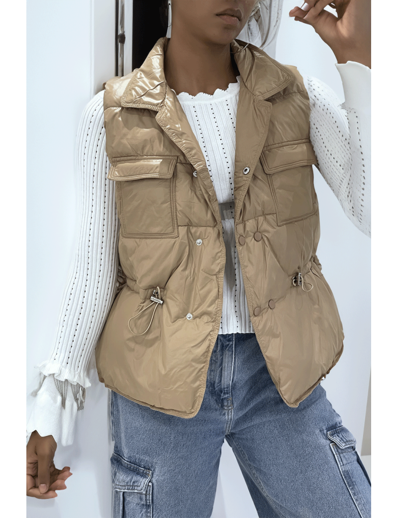 Doudoune taupe simili cuir à poches sur l'avant et modulable à la taille sans manches hyper tendance - 1
