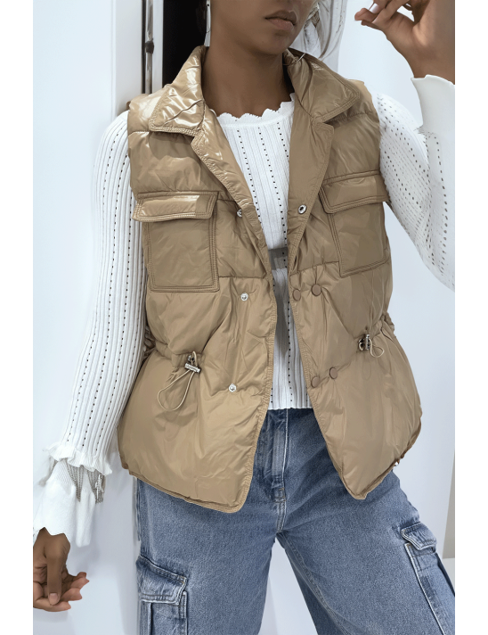 Doudoune taupe simili cuir à poches sur l'avant et modulable à la taille sans manches hyper tendance - 1