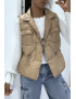 Doudoune taupe simili cuir à poches sur l'avant et modulable à la taille sans manches hyper tendance - 1