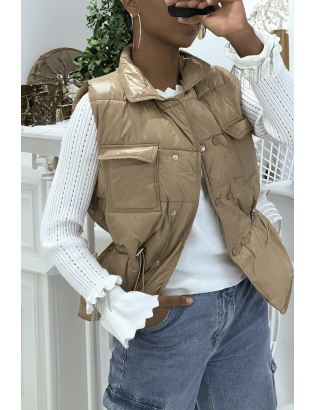 Doudoune taupe simili cuir à poches sur l'avant et modulable à la taille sans manches hyper tendance - 3