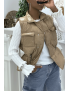 Doudoune taupe simili cuir à poches sur l'avant et modulable à la taille sans manches hyper tendance - 3