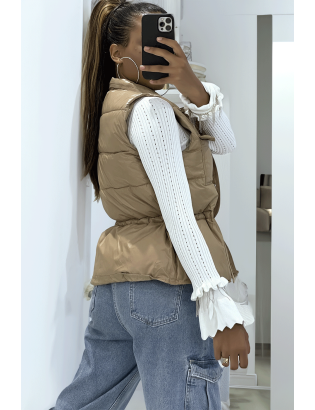 Doudoune taupe simili cuir à poches sur l'avant et modulable à la taille sans manches hyper tendance - 4
