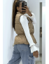 Doudoune taupe simili cuir à poches sur l'avant et modulable à la taille sans manches hyper tendance - 4