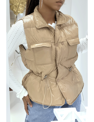 Doudoune taupe simili cuir à poches sur l'avant et modulable à la taille sans manches hyper tendance - 5