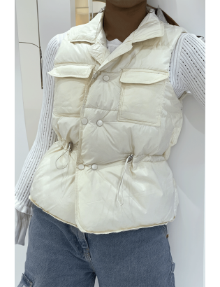 Doudoune écru simili cuir à poches sur l'avant et modulable à la taille sans manches hyper tendance - 1