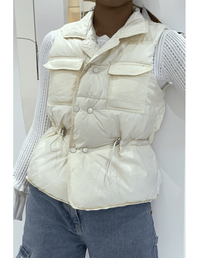 Doudoune écru simili cuir à poches sur l'avant et modulable à la taille sans manches hyper tendance - 1