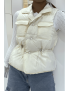 Doudoune écru simili cuir à poches sur l'avant et modulable à la taille sans manches hyper tendance - 1