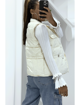 Doudoune écru simili cuir à poches sur l'avant et modulable à la taille sans manches hyper tendance - 3