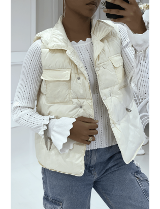 Doudoune écru simili cuir à poches sur l'avant et modulable à la taille sans manches hyper tendance - 4