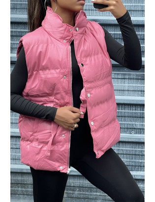 Doudoune en simili fuchsia sans manche ajustable à la taille  - 2