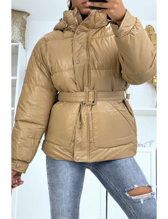 Doudoune camel en simili cuir à ceinture à la taille - 2