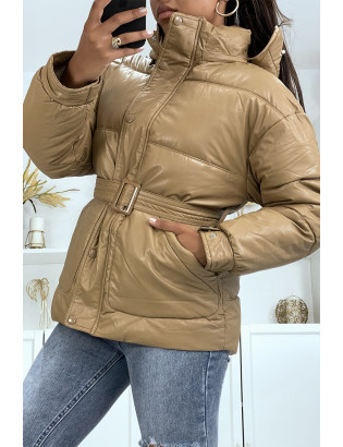 Doudoune camel en simili cuir à ceinture à la taille - 3