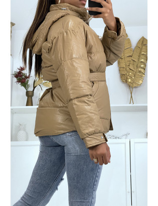 Doudoune camel en simili cuir à ceinture à la taille - 4