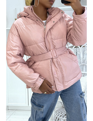 Grosse doudoune rose à ceinture et capuche effet brillant chaleureuse et glamour - 4