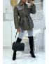 Manteau kaki mi long asymétrique simili cuir avec ceinture à la taille - 1