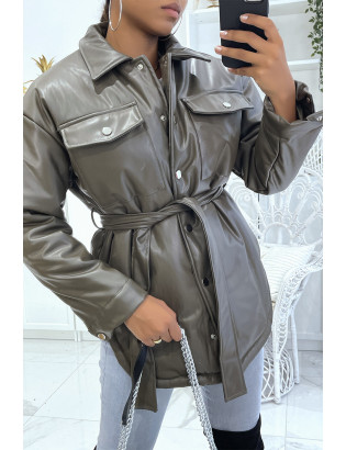 Manteau kaki mi long asymétrique simili cuir avec ceinture à la taille - 4