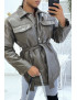Manteau kaki mi long asymétrique simili cuir avec ceinture à la taille - 4