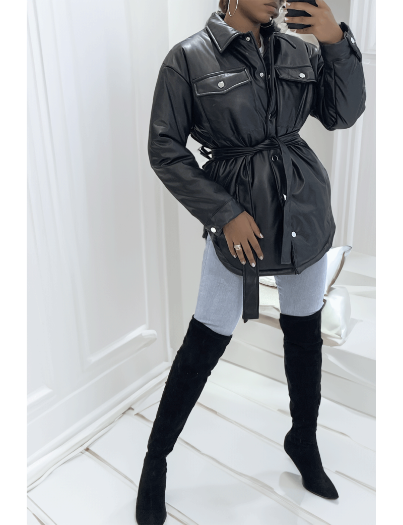 Manteau noir mi long asymétrique simili cuir avec ceinture à la taille - 3