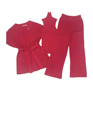 Ensemble 3 pièces gilet débardeur et pantalon palazzo fuchsia  - 1