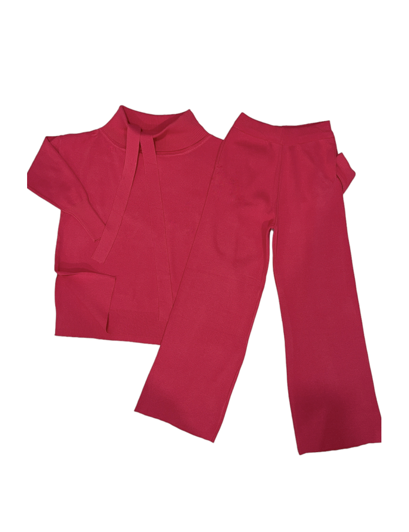 Ensemble pull col roulé tombant over size et palazzo fuchsia - 1